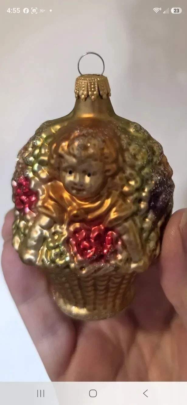 VTG West Germany Blown Glass Ornament Girl in Flower Basket Glitter